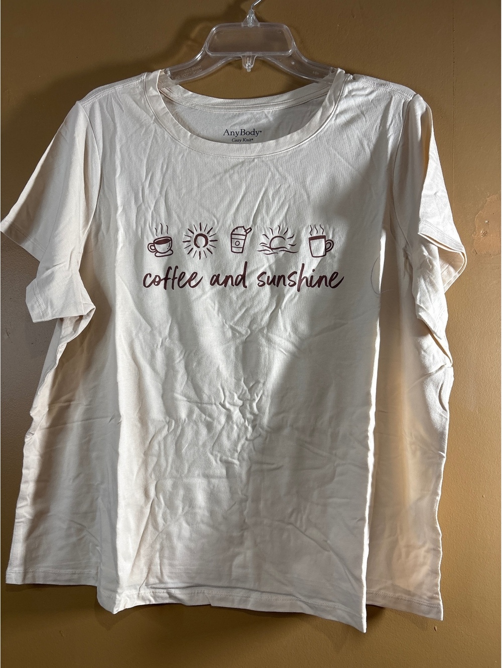 HC1237 AnyBody Cozy Knit 1X Cream T-Shirt with Coffee and Sunshine Print